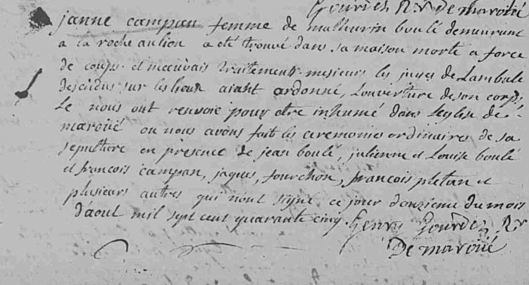 Registre paroissial de Marou - Inhumation de Jeanne Campan 1745