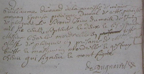 Mariage Guillaume avec Perrine Duval en 1672 - Plerguer